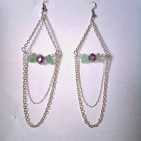 Handmade Natural Aventurine & Purple Crystal Chandelier Chain Earrings - Picture 1 of 1